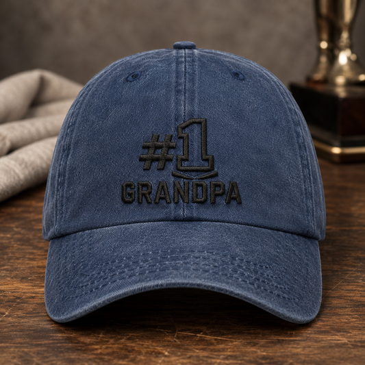 #1 Grandpa Washed Cap, Embroidered Grandpa Hat Gift for Grandfather - Washed Cap - front view