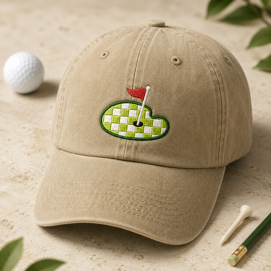Checkered Golf Green Washed Cap, Embroidered Golf Flag Hat for Golfers - Washed Cap - detail view