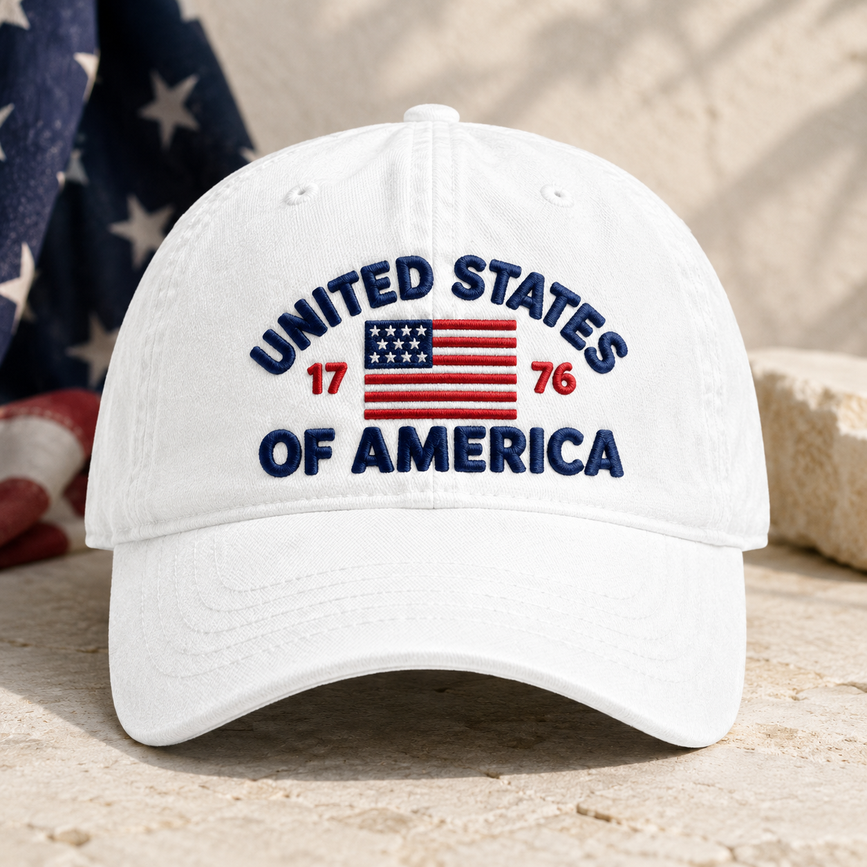 United States of America Washed Cap, 1776 Embroidered Flag Baseball Hat, Patriotic Gift - washed cap - front view