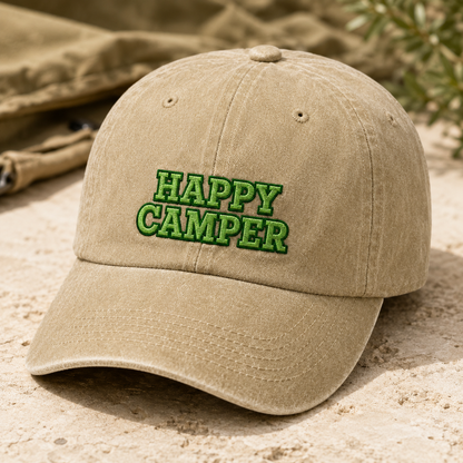 Happy Camper Washed Cap, Green Embroidered Camping Hat for Outdoor Lovers - Washed Cap - lifestyle view 2