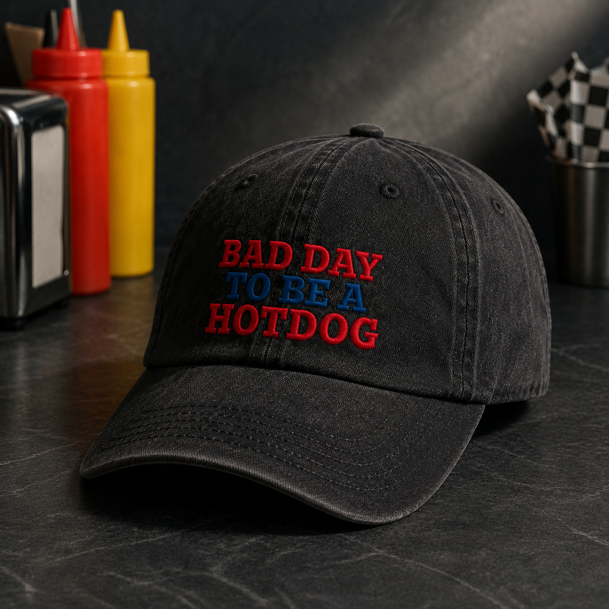 Bad Day To Be A Hotdog Washed Cap, Funny Cookout Hat for Bbq Fans - washed cap - lifestyle view 2