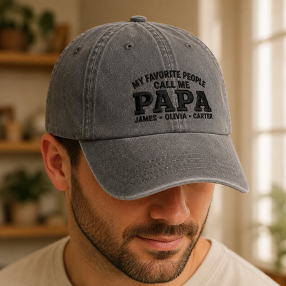 My Favorite People Call Me Papa Washed Cap, Personalized Grandpa Hat with Grandkids Names - Washed Cap - lifestyle view 6