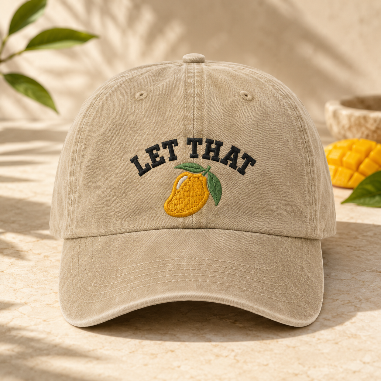 Let That Mango Washed Cap, Embroidered Tropical Fruit Dad Hat - Washed Cap - front view