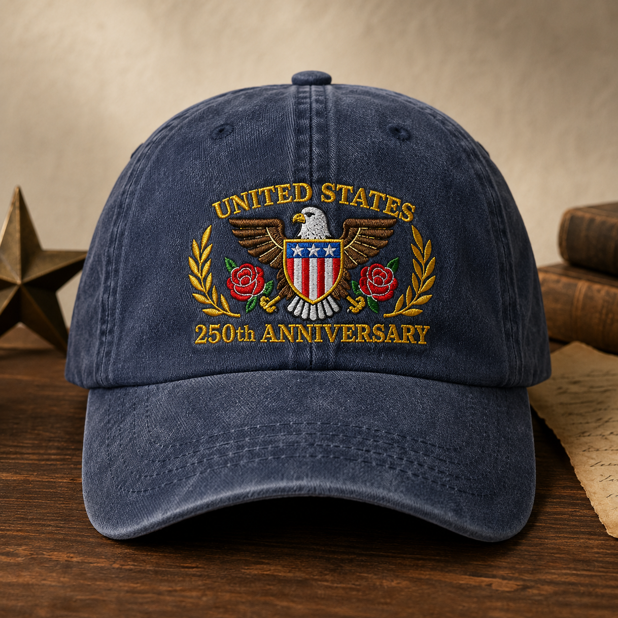 United States 250th Anniversary Washed Cap, Patriotic Eagle Hat for America 250 - washed cap - front view
