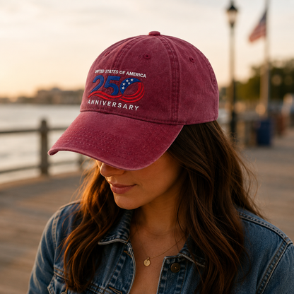United States of America 250 Anniversary Washed Cap, Patriotic 1776-2026 Baseball Hat - washed cap - lifestyle view 6