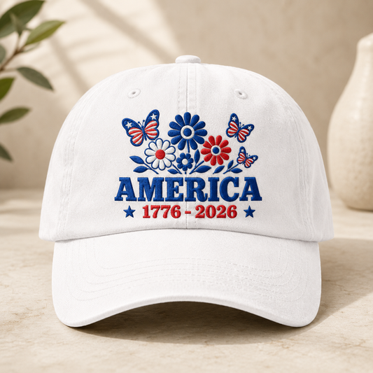America 1776-2026 Floral Washed Cap, Patriotic Butterfly Headwear - washed cap - front view