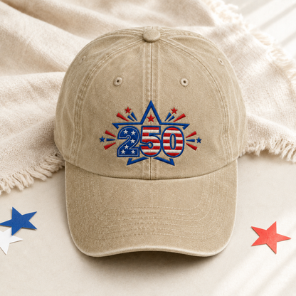 250 Patriotic Washed Cap, Red White Blue Stars USA 250th Birthday Hat - washed cap - lifestyle view 3