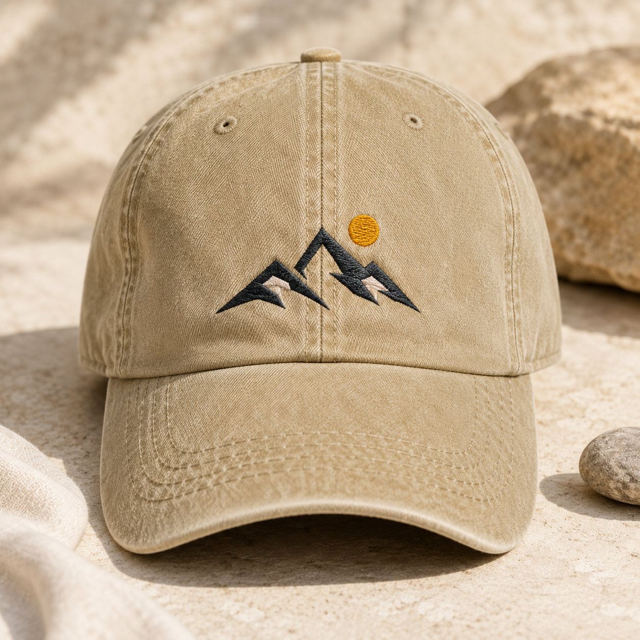 Mountain Sunset Washed Cap, Embroidered Hiking Hat for Outdoor Adventure Lovers - Washed Cap - front view