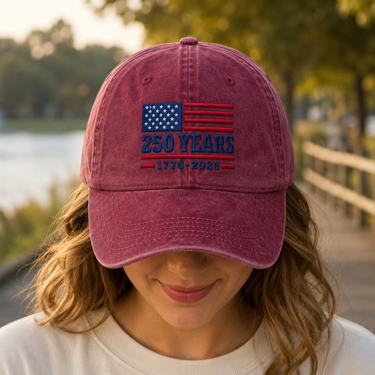 250 Years 1776-2026 USA Flag Washed Cap, America 250th Birthday Hat - washed cap - detail view