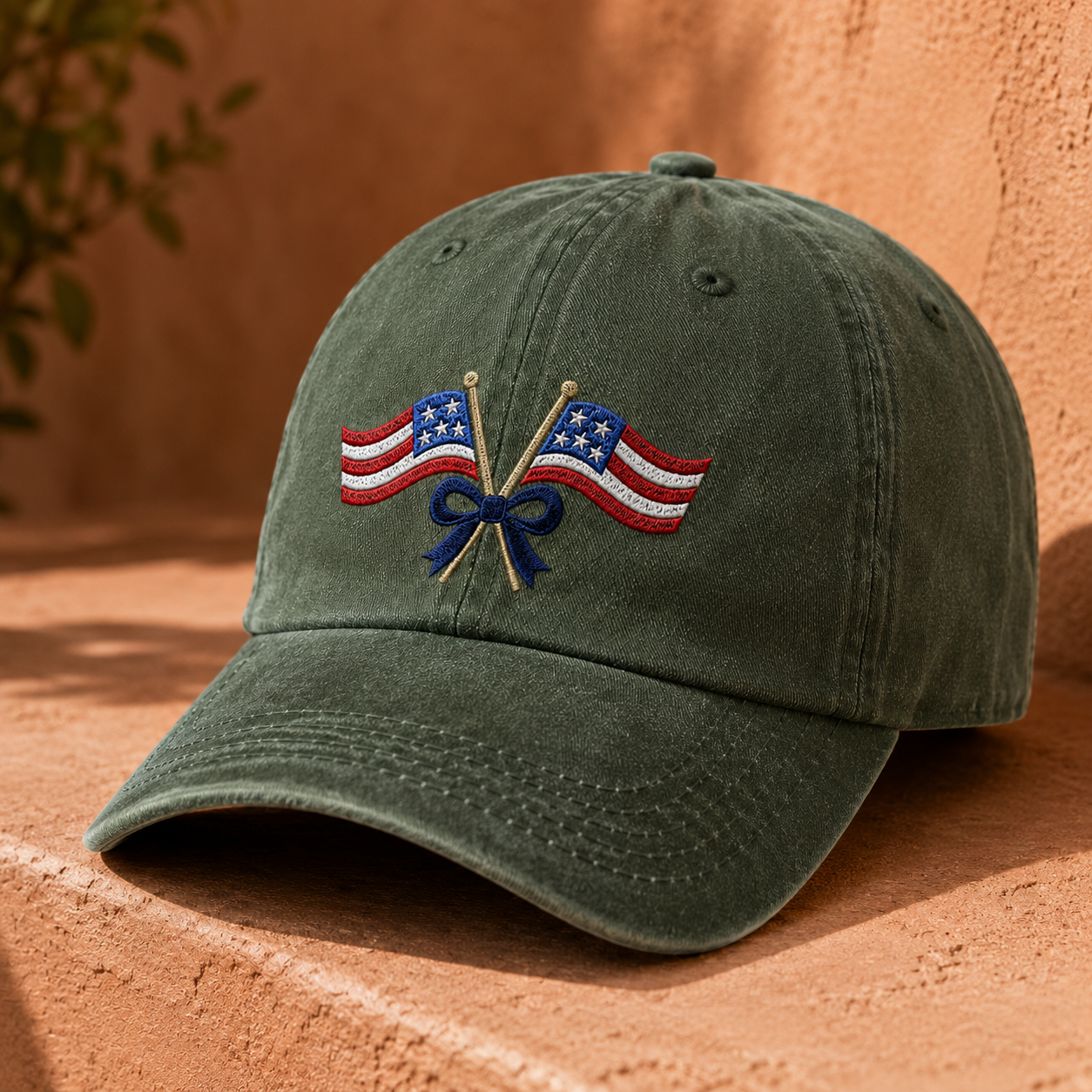 Patriotic Crossed Flags Washed Cap, USA Bow Embroidered Hat for Independence Day - washed cap - lifestyle view 5