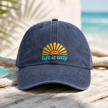 Life Is Easy Retro Sunrise Washed Cap, Beach Vacation Hat - Washed Cap - front view