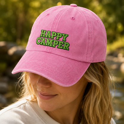 Happy Camper Washed Cap, Green Embroidered Camping Hat for Outdoor Lovers - Washed Cap - detail view
