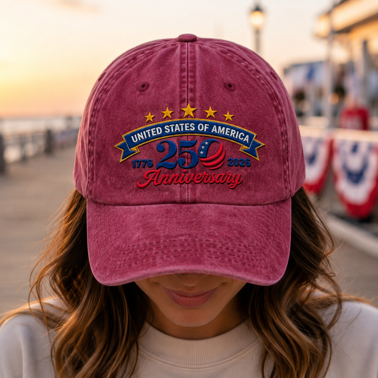 United States of America 250 Anniversary Washed Cap, 1776 2026 Patriotic Baseball Hat - washed cap - lifestyle view 7