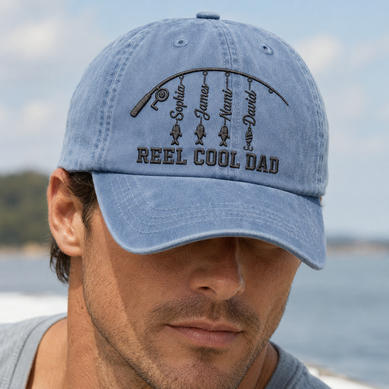 Reel Cool Dad Washed Cap, Custom Fishing Hat with Kids Names, Father's Day Gift - Washed Cap - lifestyle view 4