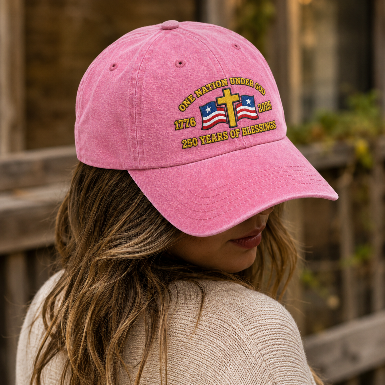 One Nation Under God Washed Cap, 1776 2026 250 Years of Blessings Patriotic Christian Hat - washed cap - detail view