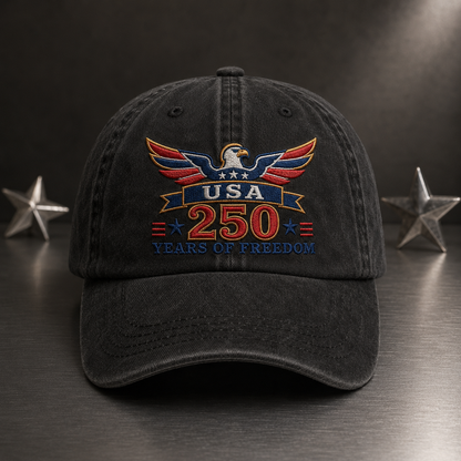 USA 250 Years of Freedom Washed Cap, Patriotic Eagle Hat for America 250th Anniversary - washed cap - lifestyle view 3