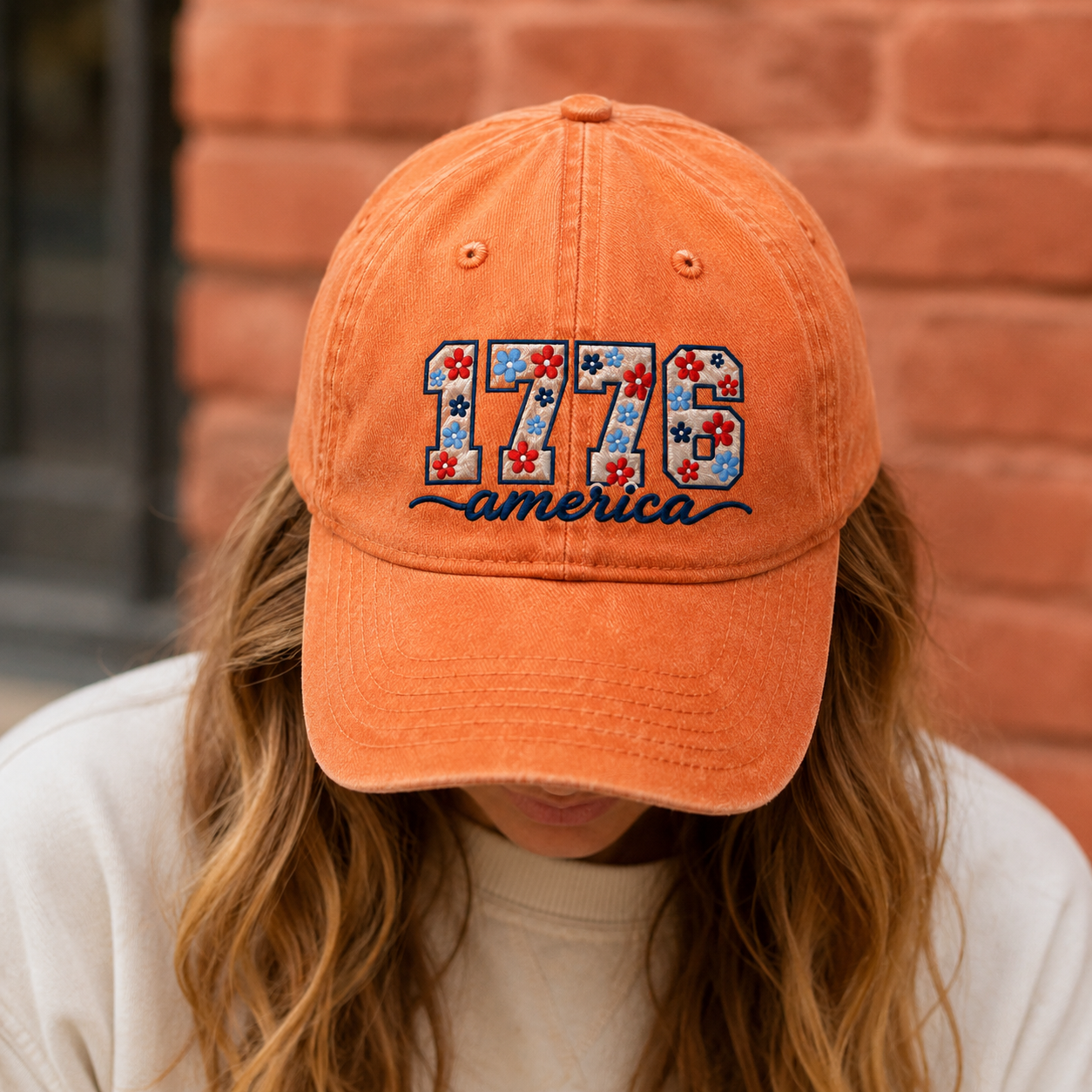 1776 America Floral Embroidered Washed Cap, Patriotic Coquette Hat for Fourth of July - washed cap - lifestyle view 8