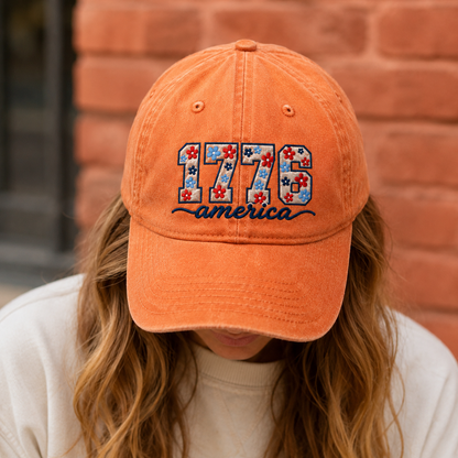 1776 America Floral Embroidered Washed Cap, Patriotic Coquette Hat for Fourth of July - washed cap - lifestyle view 8