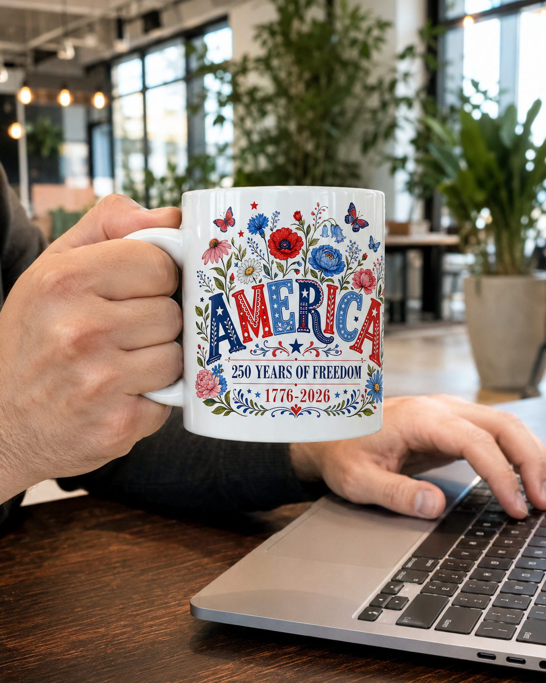 America 250 Years of Freedom Coffee Mug, 1776-2026 Patriotic Floral Gift - Mug - lifestyle view 8
