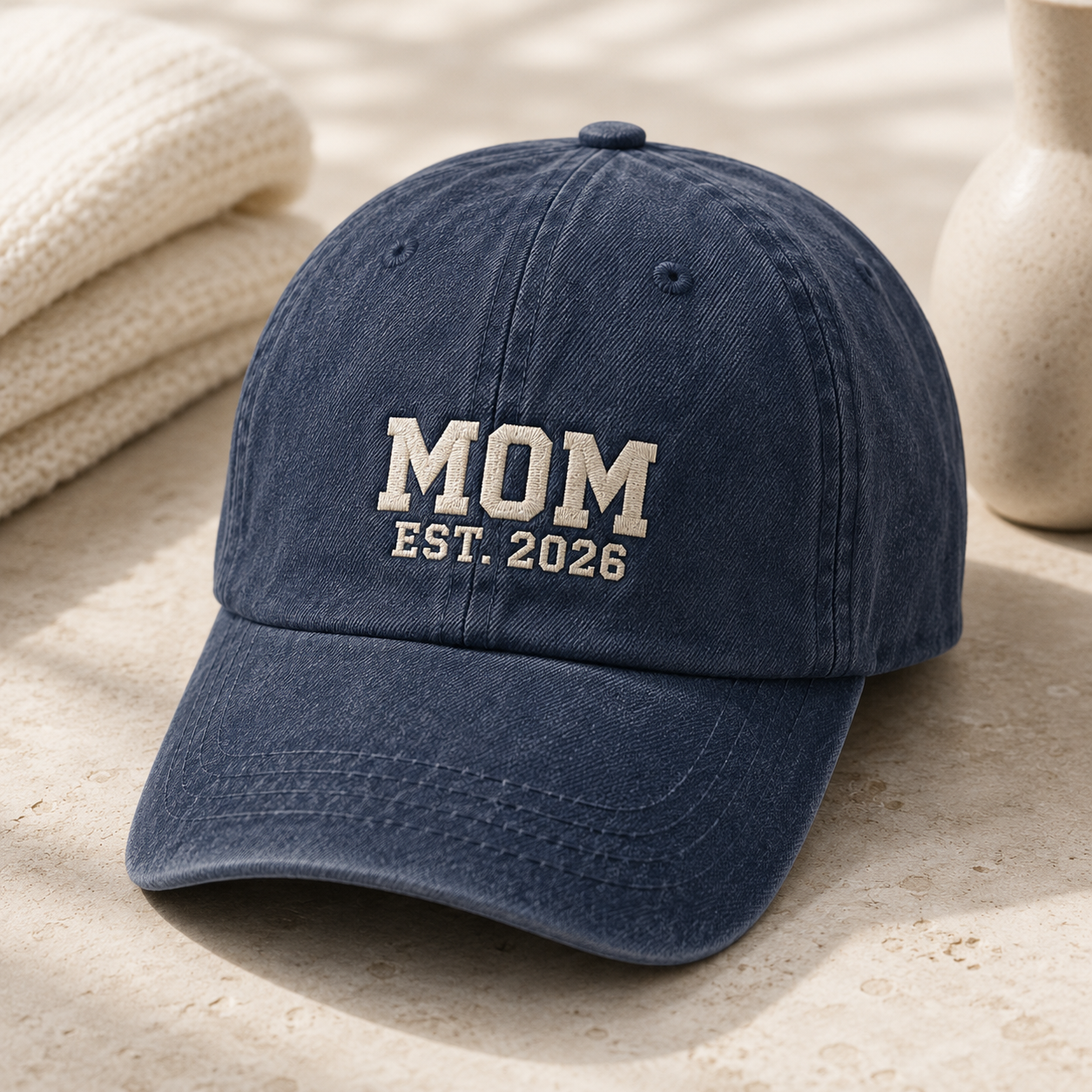 Mom Est. 2026 Washed Cap, New Mom Embroidered Hat, Pregnancy Announcement Gift - Washed Cap - detail view