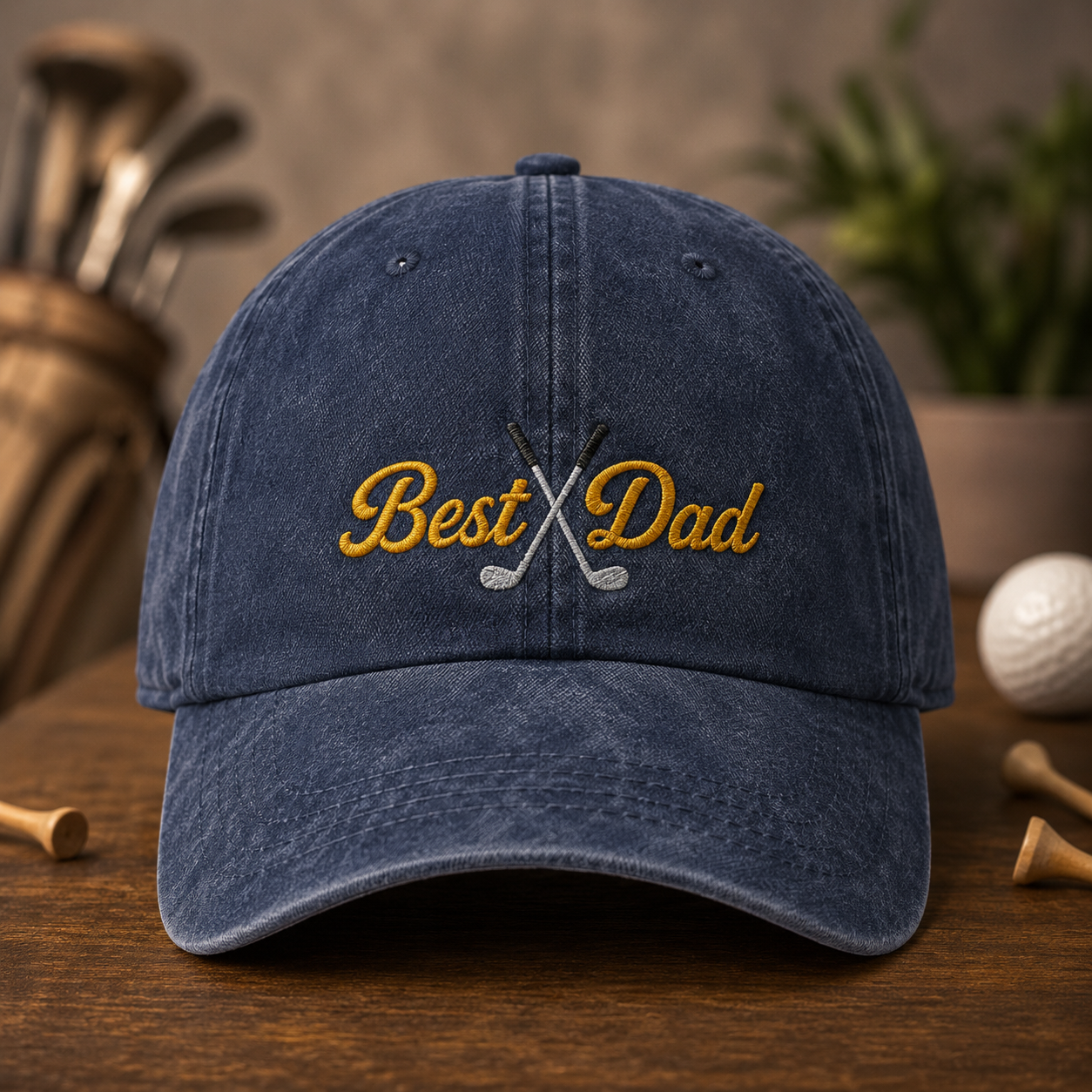 Best Dad Golf Washed Cap, Embroidered Father's Day Hat - Washed Cap - front view