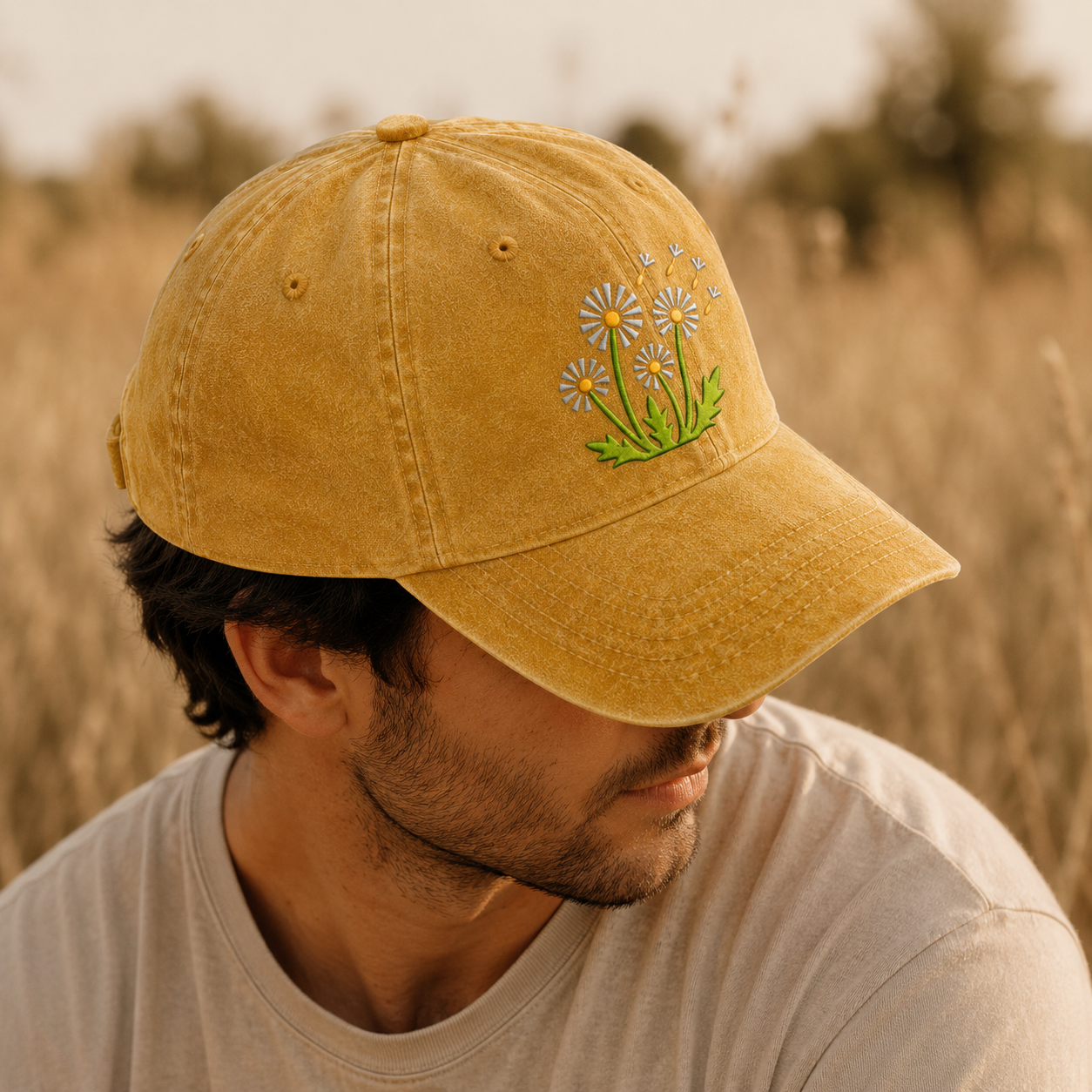 Dandelion Embroidered Washed Cap, Floral Daisy Baseball Hat for Garden Lovers - washed cap - lifestyle view 7