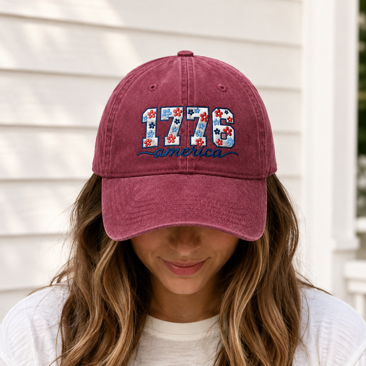 1776 America Floral Embroidered Washed Cap, Patriotic Coquette Hat for Fourth of July - washed cap - lifestyle view 6