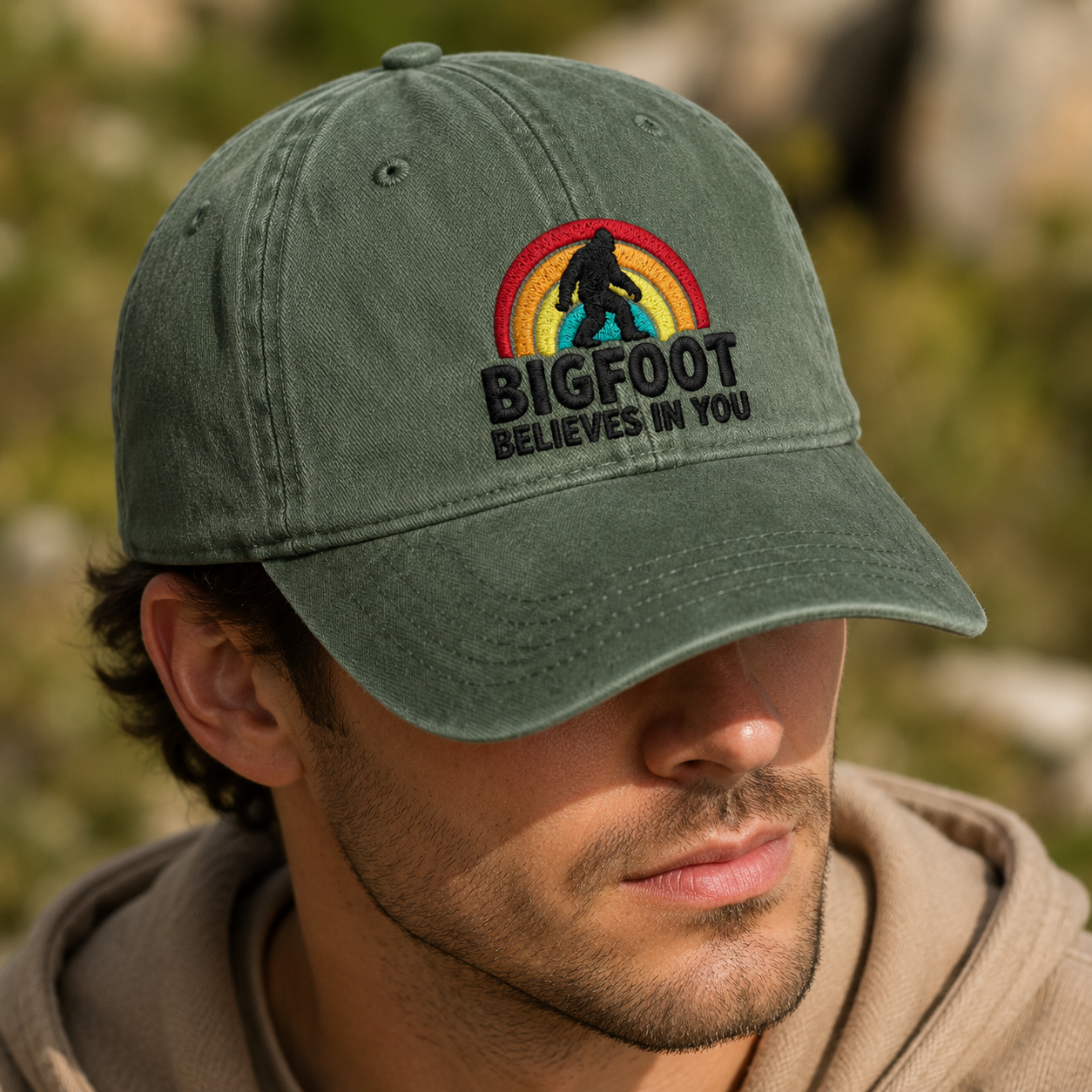 Bigfoot Believes in You Washed Cap, Rainbow Sasquatch Embroidered Dad Hat - Washed Cap - lifestyle view 4