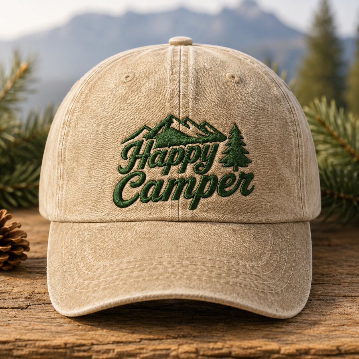 Happy Camper Washed Cap, Green Mountain Pine Embroidery Camping Hat - Washed Cap - front view