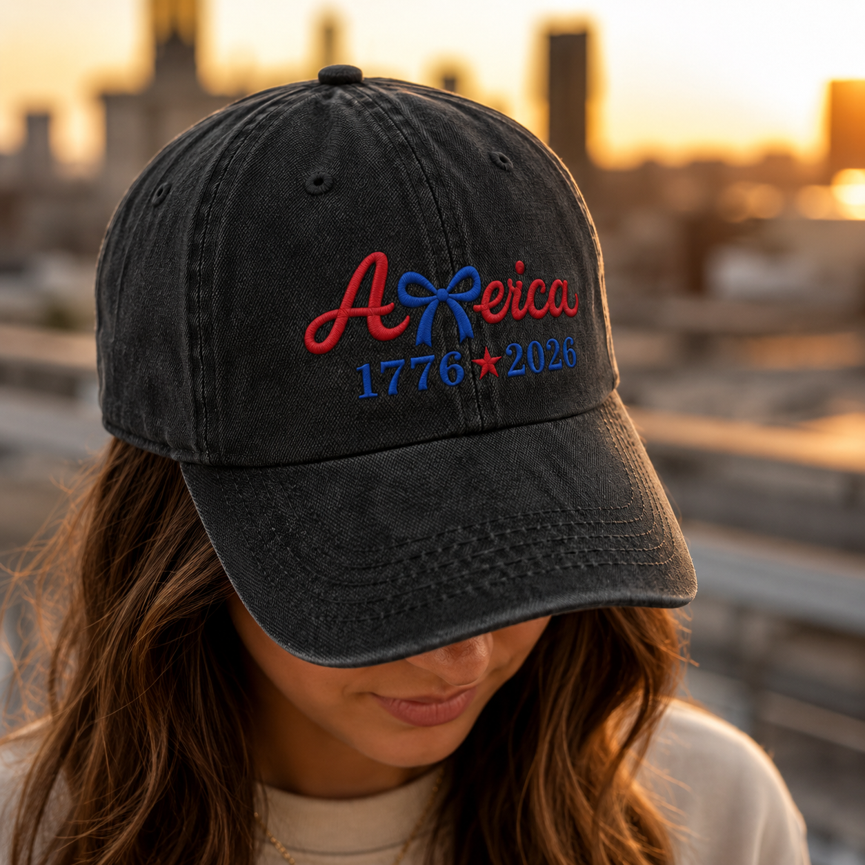 America 1776 2026 Bow Washed Cap, Patriotic Embroidered Hat for USA Birthday - washed cap - lifestyle view 6