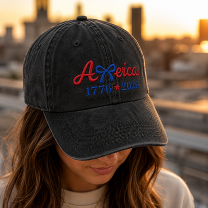 America 1776 2026 Bow Washed Cap, Patriotic Embroidered Hat for USA Birthday - washed cap - lifestyle view 6