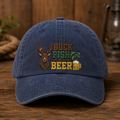 Buck Fish and Beer Washed Cap, Deer Bass Embroidered Hat for Outdoorsmen - Washed Cap - front view