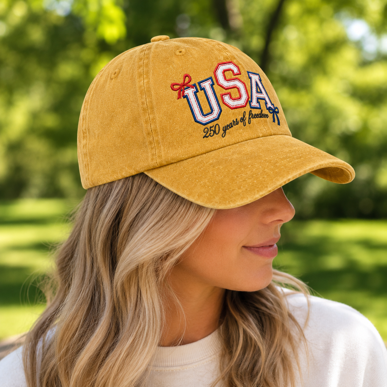 USA 250 Years of Freedom Washed Cap, Patriotic Embroidered Baseball Hat - washed cap - lifestyle view 7