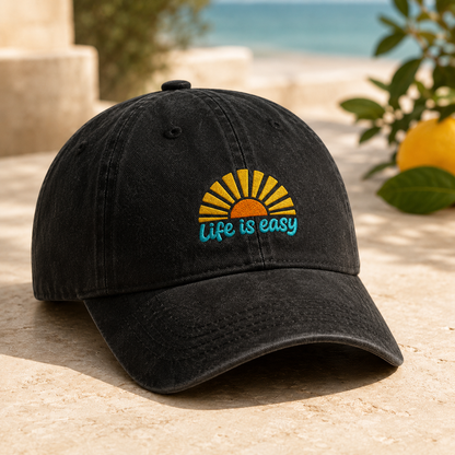 Life Is Easy Retro Sunrise Washed Cap, Beach Vacation Hat - Washed Cap - detail view