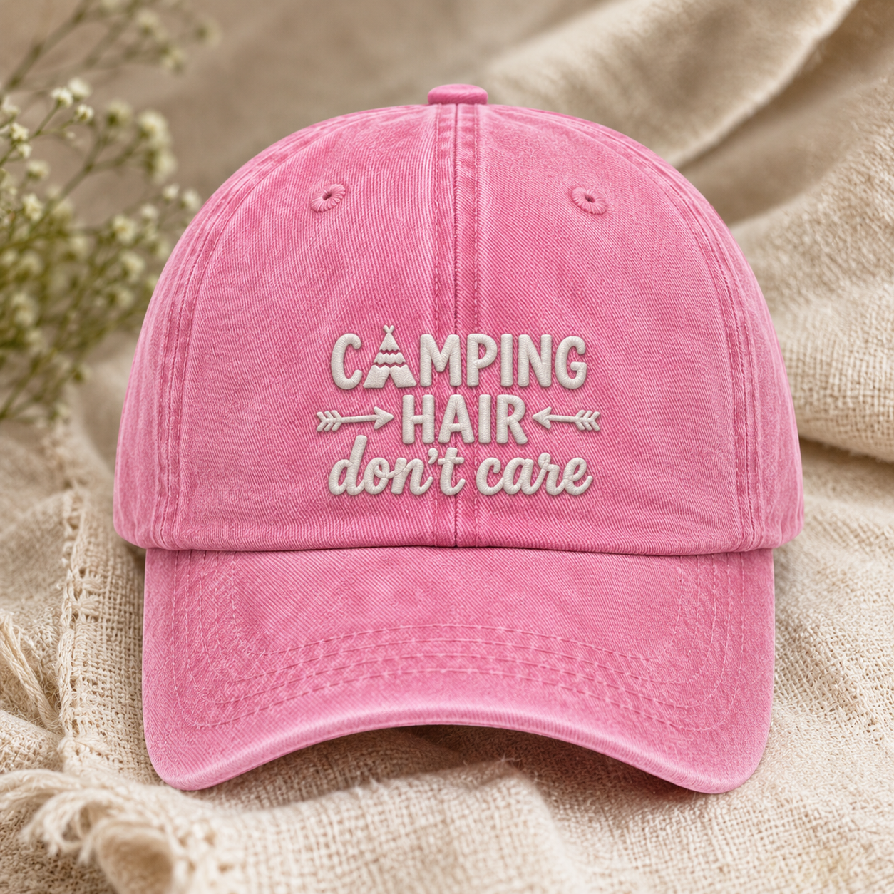Camping Hair Don't Care Washed Cap, Funny Camp Hat for Outdoor Women - Washed Cap - lifestyle view 2