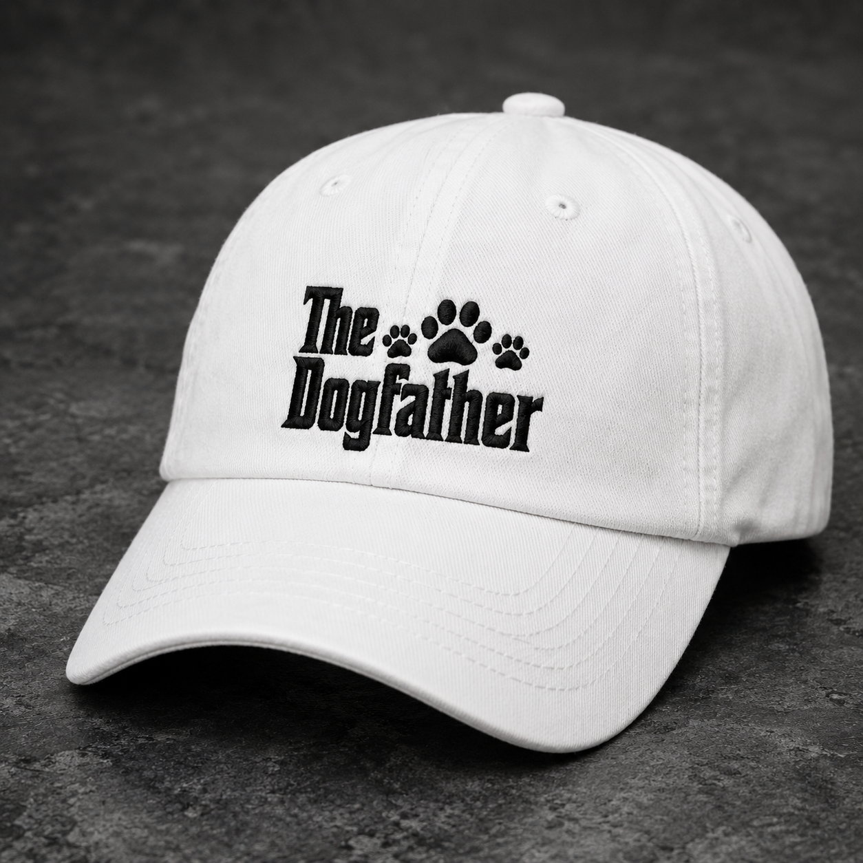 The Dogfather Washed Cap, Funny Dog Dad Hat with Paw Print Embroidery - Washed Cap - detail view