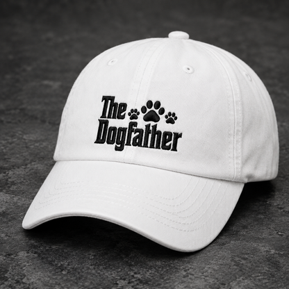 The Dogfather Washed Cap, Funny Dog Dad Hat with Paw Print Embroidery - Washed Cap - detail view