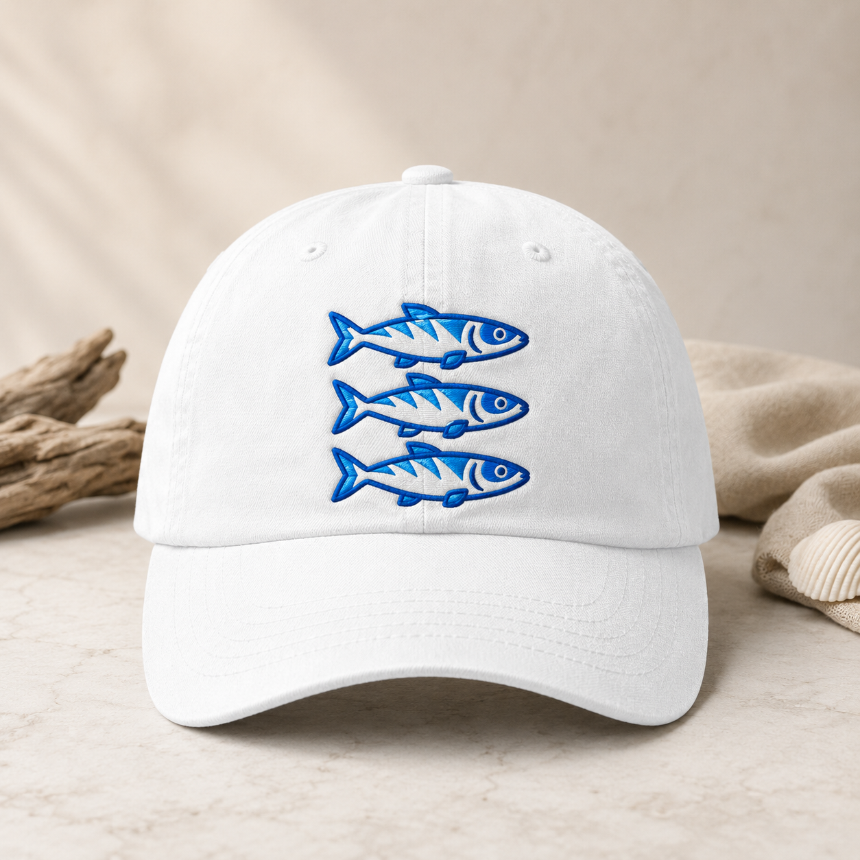 Three Blue Sardines Washed Cap, Embroidered Fish Hat for Seafood Lovers - Washed Cap - front view