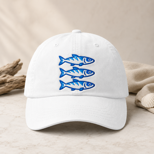 Three Blue Sardines Washed Cap, Embroidered Fish Hat for Seafood Lovers - Washed Cap - front view