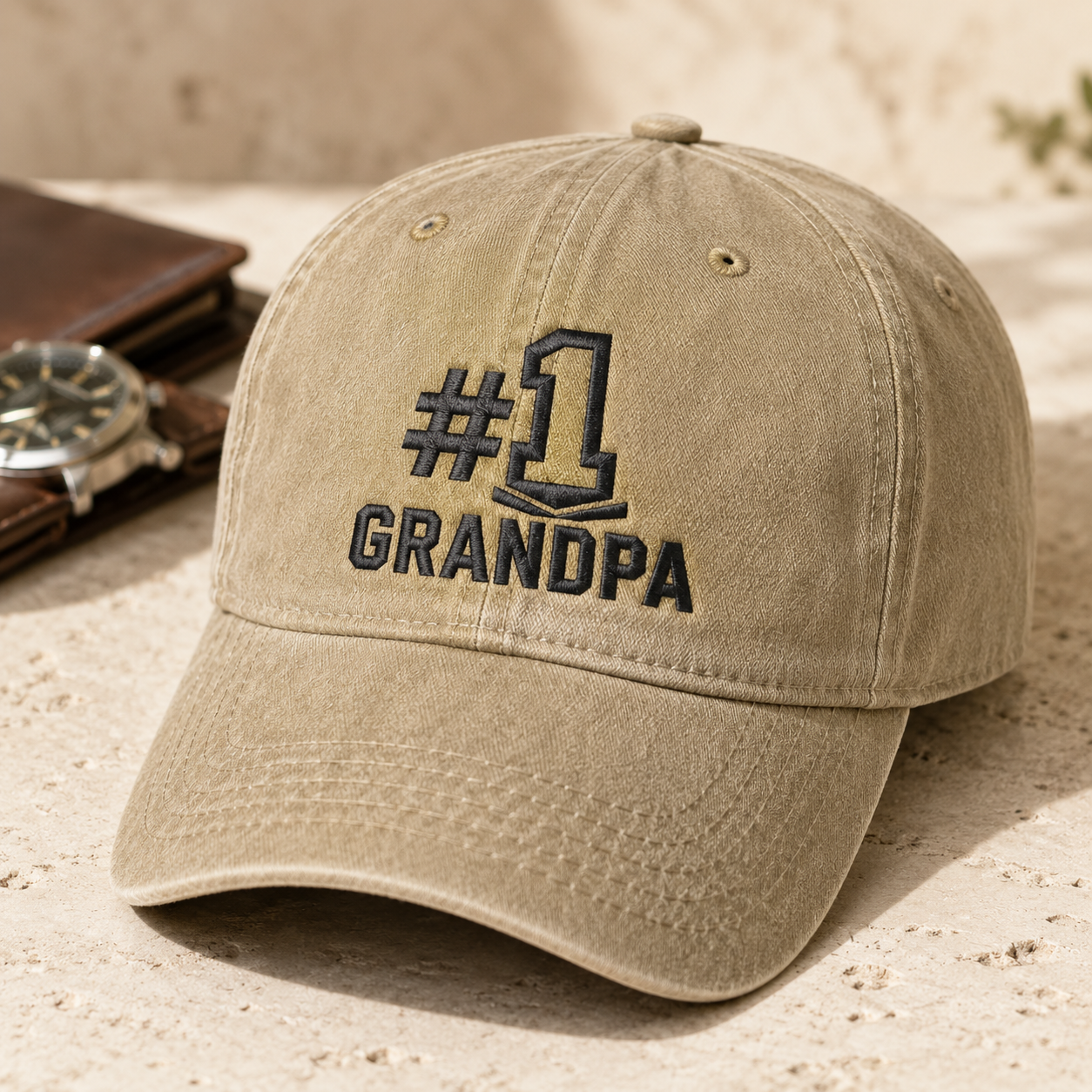 #1 Grandpa Washed Cap, Embroidered Grandpa Hat Gift for Grandfather - Washed Cap - detail view