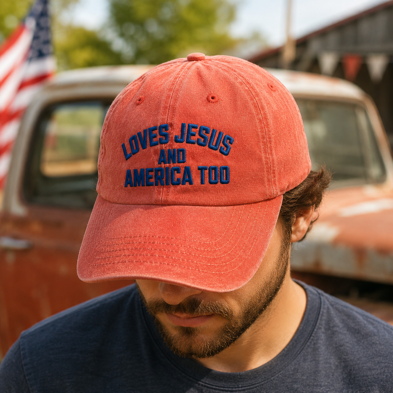 Loves Jesus and America Too Washed Cap, Patriotic Christian Dad Hat - Washed Cap - lifestyle view 9