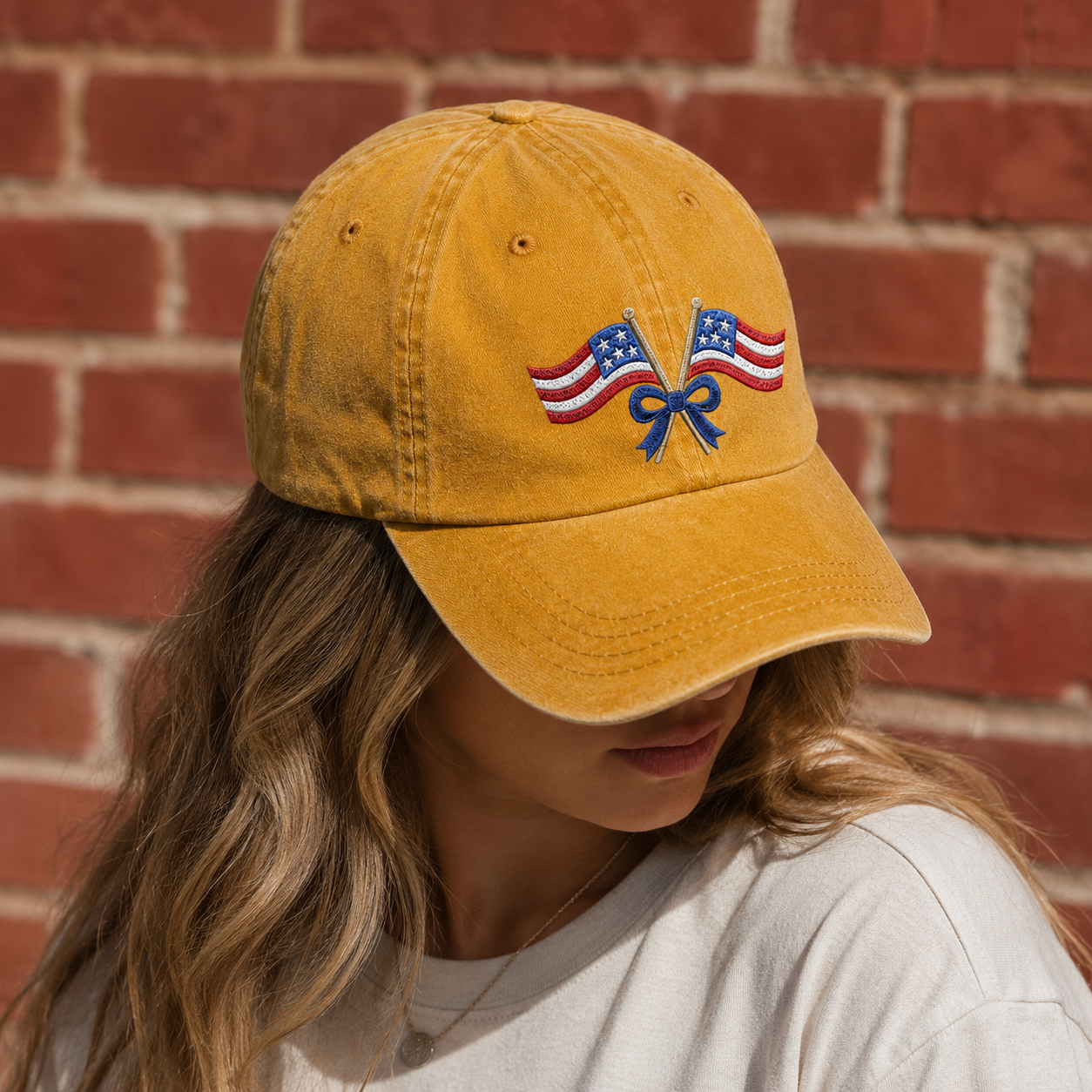 Patriotic Crossed Flags Washed Cap, USA Bow Embroidered Hat for Independence Day - washed cap - lifestyle view 7