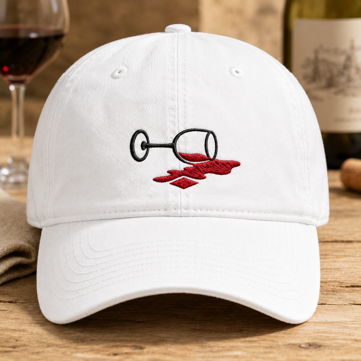 Spilled Red Wine Washed Cap, Embroidered Wine Glass Hat for Winery Trips - Washed Cap - detail view