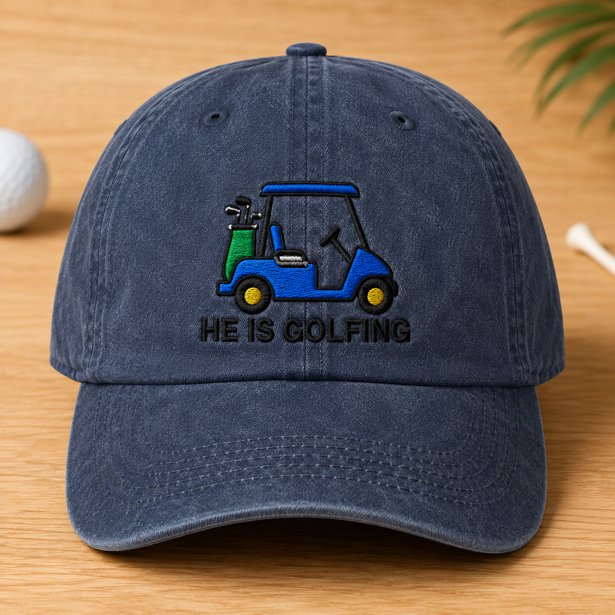 He Is Golfing Washed Cap, Embroidered Blue Cart Hat for Dad - Washed Cap - front view