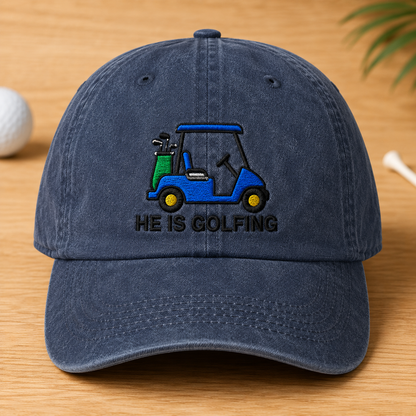 He Is Golfing Washed Cap, Embroidered Blue Cart Hat for Dad - Washed Cap - front view