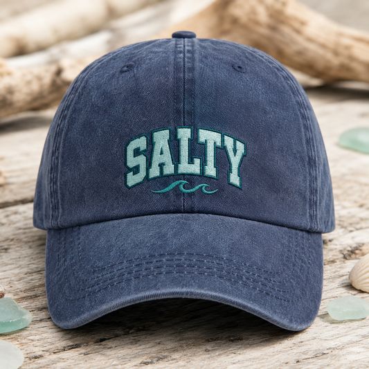 Salty Washed Cap, Embroidered Wave Beach Hat for Coastal Style - Washed Cap - front view