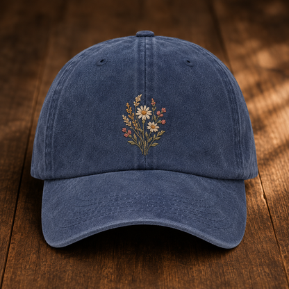 Wildflower Embroidered Washed Cap, Botanical Baseball Hat for Plant Lovers - Washed Cap - front view