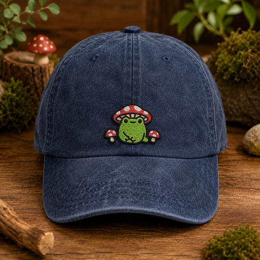 Mushroom Frog Washed Cap, Cute Cottagecore Embroidered Hat for Nature Lovers - Washed Cap - front view