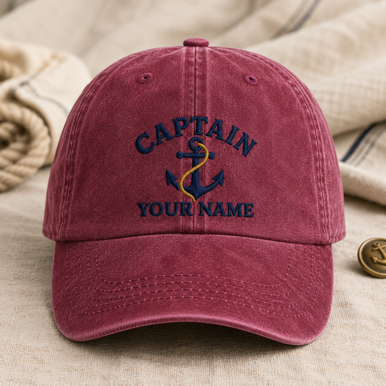 Captain Your Name Hat, Nautical Anchor Baseball Cap - Washed Cap - lifestyle view 2