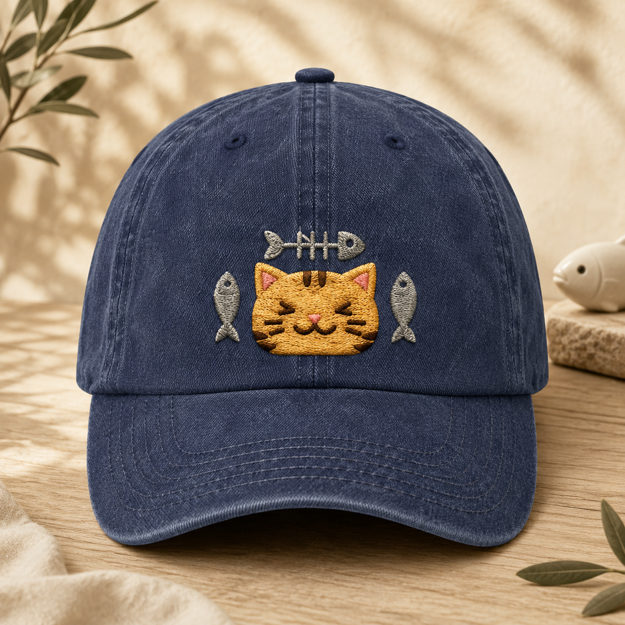 Cat and Fish Embroidered Washed Cap, Kawaii Kitten Hat Gift for Cat Lovers - Washed Cap - front view